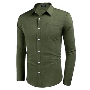 Men's Casual Button Down Shirt Long Sleeve Linen Chambray Army Green